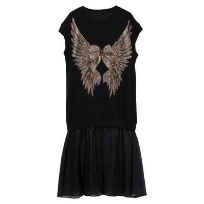 TCH烫钻翅膀宽松显瘦连衣裙女黑色小飞袖网纱拼接长裙T78B30E1002