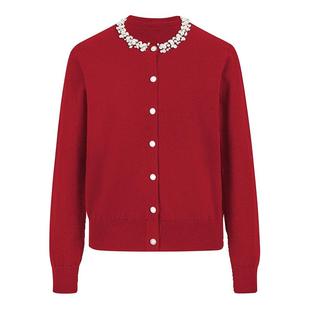 Basic House/百家好新年战袍红色针织开衫女冬季法式钉珠圆领外套