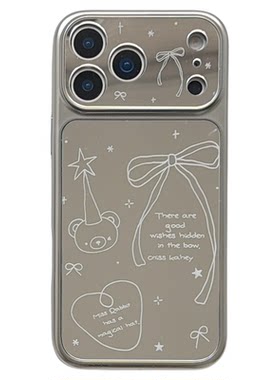 jze韩风ins甜酷可爱线条蝴蝶结小熊镜面适用苹果17ProMax手机壳iphone15新款16pro女款17pro全包14防摔手机套