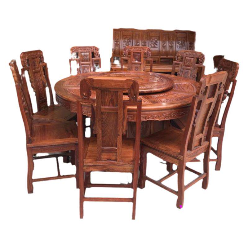 红木餐桌非洲黄花梨餐桌椅新中式实木圆形餐饭桌配6椅古典大圆桌