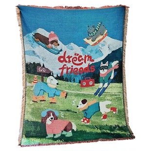 Dreamfriends肯研原创滑雪小狗创意挂毯艺术插画沙发毯针织盖毯