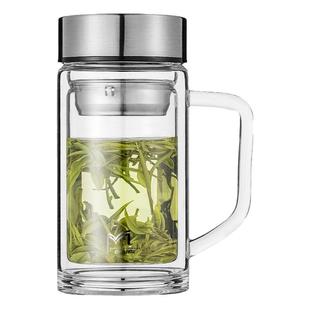 茶杯双层玻璃杯带把手水杯办公室大容量泡茶杯子带盖男防烫高硼硅