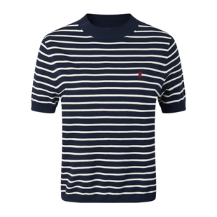 POLOWALK女式短袖针织衫2026春季新品圆领条纹侧抽褶显瘦通勤短袖