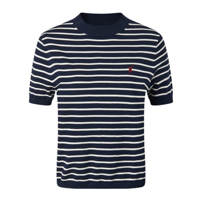 POLOWALK女式短袖针织衫2026春季新品圆领条纹侧抽褶显瘦通勤短袖