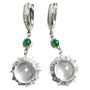 新款白冰玉髓玻璃耳坠女s925纯银镶嵌翡翠蛋面圆形耳环民族风复古