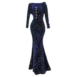 秋冬高贵优雅轻奢风丝绒闪闪晚礼服鱼尾裙气质修身包臀连衣裙百搭