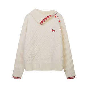 BIPOLAR【新年圣诞款】斜门襟翻领假两件绞花毛衣宽松休闲情侣冬