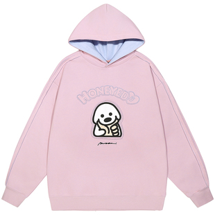 GUUKA&matsui联名抗静电套头卫衣女款小狗刺绣加绒连帽衫落肩上衣