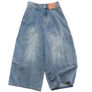 鹿与飞鸟“自由派”100棉料精裁前倒阔腿两色八分休闲牛仔裤6752