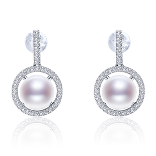 京润珍珠 光隐耳钉银S925淡水珍珠8-9mm白色馒头形节日礼物D