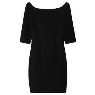 女装春秋新款露肩一字领中袖连衣裙七分袖修身性感显瘦包臀打底裙