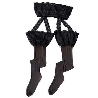 蒋大猫蕾丝油亮一体式吊带袜