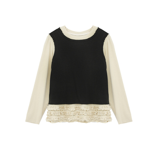 小小大星球童装 春秋层次感叠穿花边打底T恤+背心两件套女童上衣