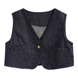 砚台家儿童日系牛仔马甲套装春款女童纯棉衬衫灯笼裤宝宝三件套