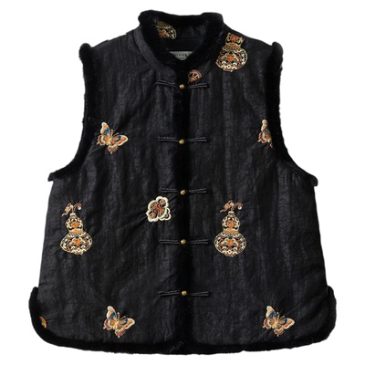 高定填充100%桑蚕丝龟纹香云纱国风刺绣水貂毛真丝棉服马甲外套女