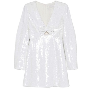 2025年秋季新款白色亮片V领长袖礼服富家千金高级感穿搭连衣裙子