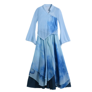 古典舞蹈服海洋系蓝色渐变纱衣女飘逸舞台装中国风艺考演出服套装