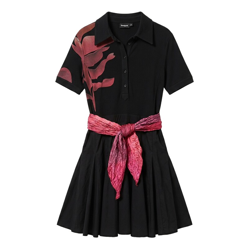 Desigual26春夏新品手绘花卉印花黑色罗纹拼接腰带装饰女式连衣裙