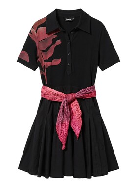 Desigual26春夏新品手绘花卉印花黑色罗纹拼接腰带装饰女式连衣裙