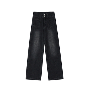 黑色高腰直筒牛仔裤女冬季加绒大码胖mm梨形身材宽松显瘦阔腿裤子