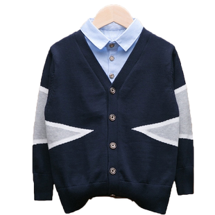 开衫春秋薄款全棉男童针织童装中小童假两件打底衫纯棉毛衣衬衫领