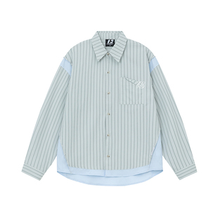 FORNINES拼接条纹刺绣长袖衬衫男女潮牌美式上衣春季衣服休闲外套