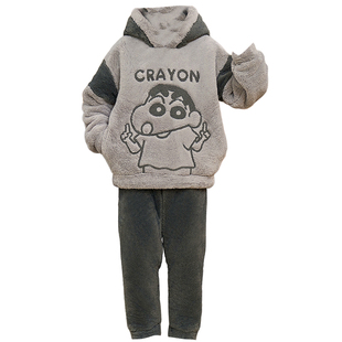 睡衣男冬季保暖珊瑚绒加厚连帽家居服可爱卡通秋冬可外穿套装男生