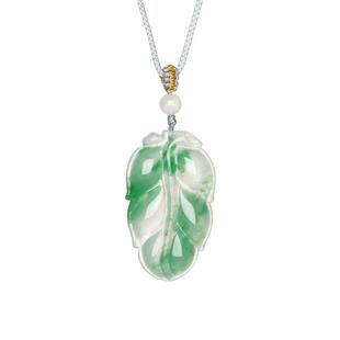 周大生天然正品飘花非洲翠玉吊坠女款叶子项链挂坠带编绳生日礼物