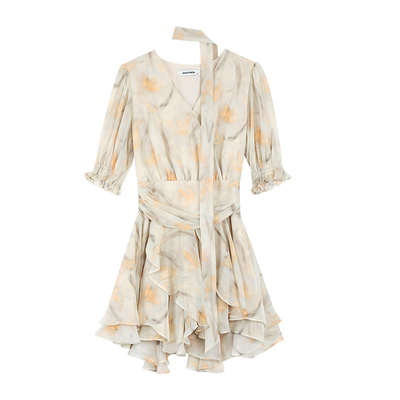 法式V领收腰A字飘带连衣裙