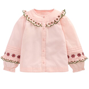 代购 MiniBoden儿童长袖衬衫 26春夏女童粉色刺绣褶边上衣 2-14岁