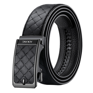 奥康新款皮带男士头层牛皮自动扣腰带编织纹高档送礼黑色商务裤带