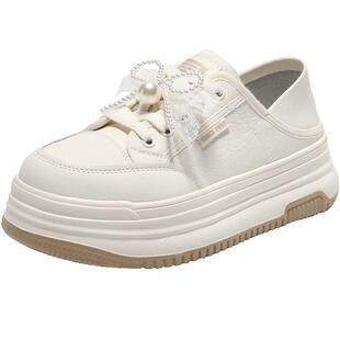 百丽女鞋子蝴蝶结厚底休闲板鞋新款增高鞋踩脚两穿小白鞋D7W1DAM5