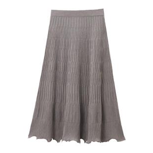 OVVOVV秋冬热卖女装丝羊毛竖条纹肌理自然卷边针织半裙