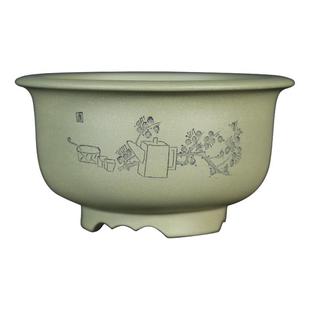 神力精品紫砂花盆豆青泥万象玉露多肉菖蒲姬虎耳草植物桌面圆形盆