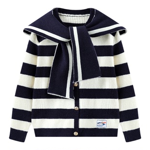 迪士尼儿童毛衣女童黑白条纹针织衫中大童春秋季海军领毛线衣开衫