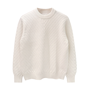 时尚高端针织肌理精纺毛线衣男休闲圆领高级白色毛衣男款冬季加厚