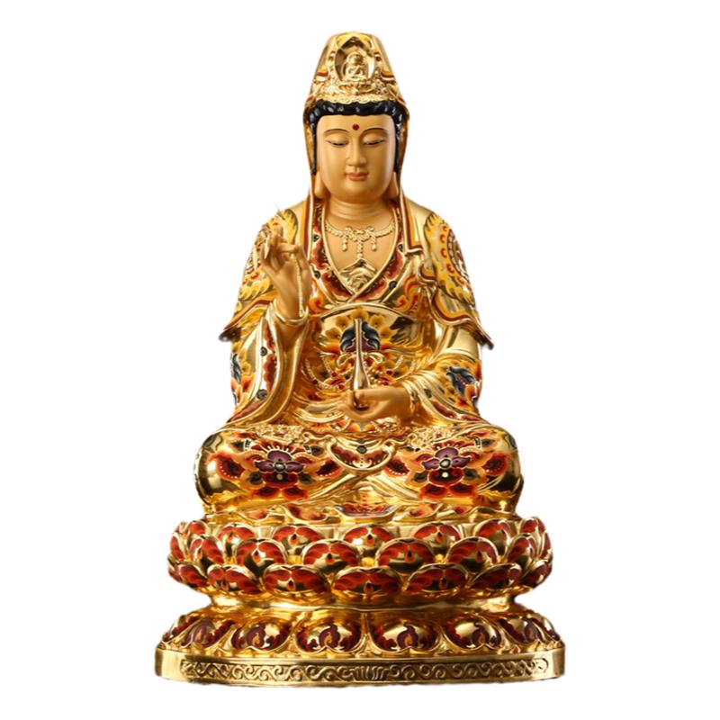 观音菩萨佛像坐莲纯铜贴金彩绘