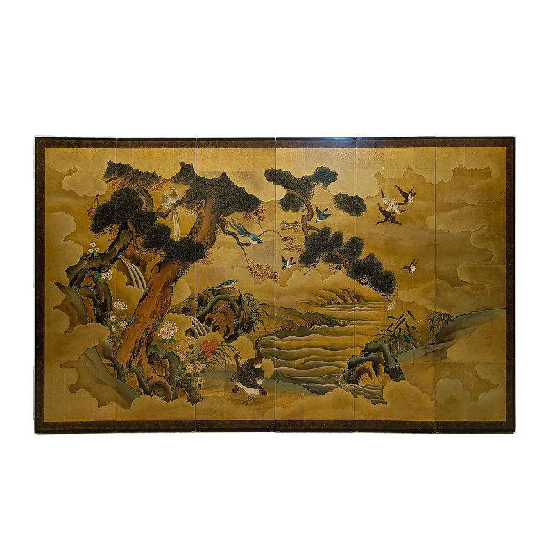 中古金箔手绘漆画屏风玄关隔断