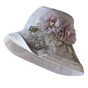 仙女灰色蕾丝立体花朵防晒布帽