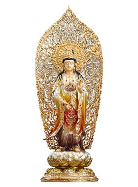 纯铜彩绘西方三圣佛像大背光摆件