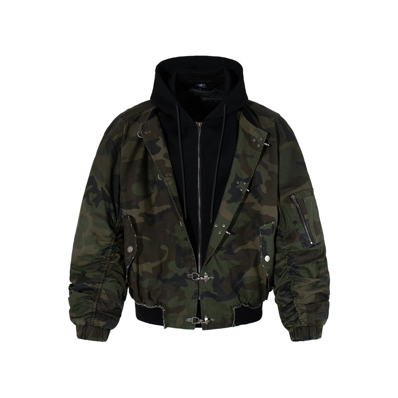 做旧迷彩宽松连帽假两件棉服外套