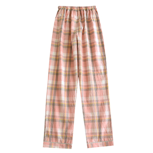 春夏女纯棉水洗棉睡裤宽松薄款长裤日系格子休闲透气七分裤可外穿