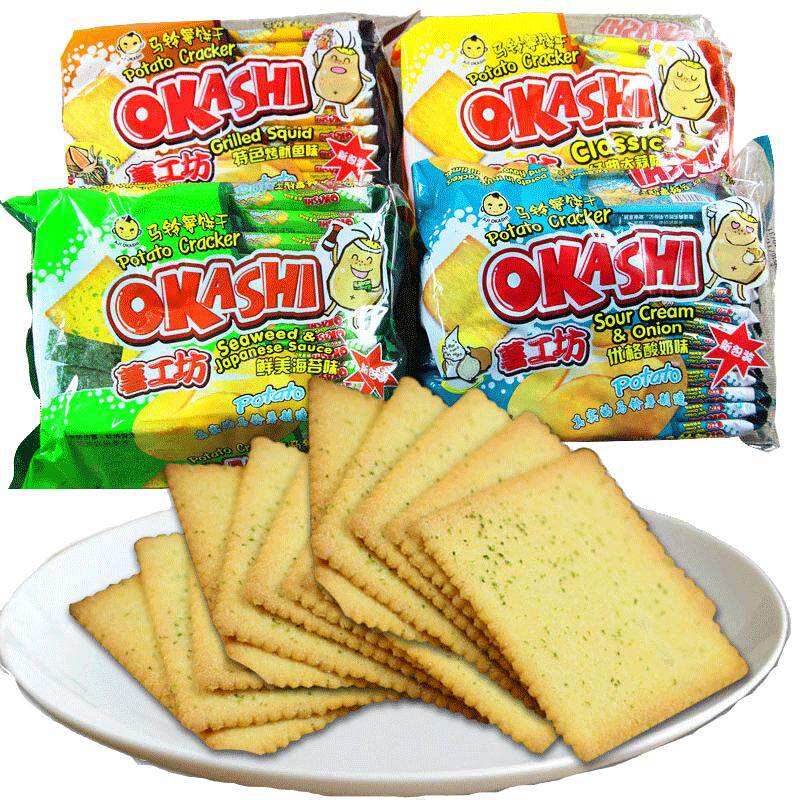 okashi薯工坊马铃薯土豆薄脆饼干海苔鱿鱼大蒜味咸味薯片早餐饼干