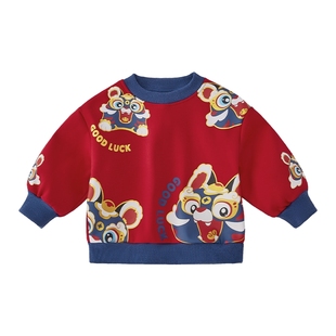 儿童红色衣服2025新款女童拜年男童上衣加绒打底薄绒宝宝卫衣秋冬