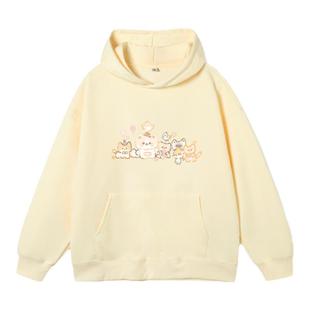 奶fufu黄色连帽加绒卫衣女春秋原创卡通猫咪帽衫新款宽松情侣上衣