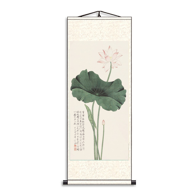 客厅竖版荷花丝绸卷轴挂画