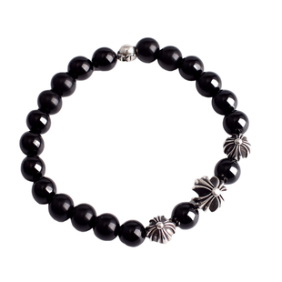 一休老银匠925纯银十字花字母珠黑曜石手链潮流男女款情侣手环