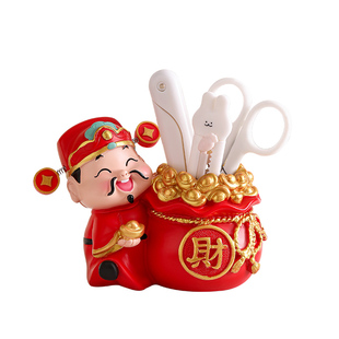 桌面创意财神爷笔筒高级感房间改造小物件卧室梳妆台化妆笔收纳筒