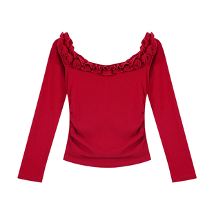 pusumede 立体玫瑰 一字肩长袖T恤女设计感露肩修身气质针织上衣