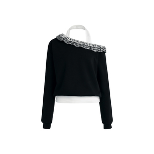 Kroche 浪漫格调 撞色格纹立体花边拼接 假两件挂脖斜肩卫衣